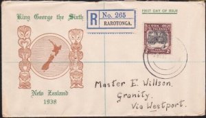 COOK IS 1938 2/- pictorial on commem FDC registered to NZ - scarce.........A8200