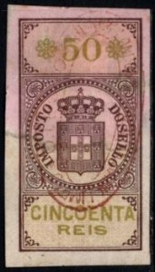 1879 Portugal Revenue 50 Reis Coat of Arms General Tax Duty Used