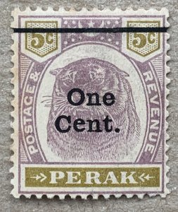 Perak 1900 1c on 5c Tiger. Antique e in Cent. Scott 64d, CV $110.00. SG 83b