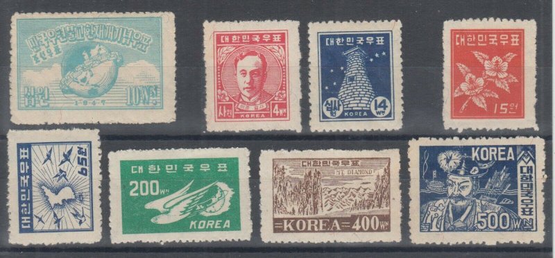 Korea Sc 77, 93-94, 109-113, MNH. 1947-49 issues, 3 cplt sets, fresh, F-VF.