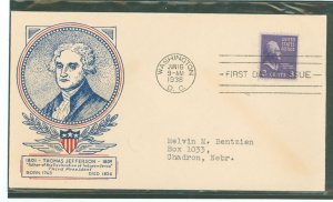 US 807 1938 3c Thomas Jefferson (presidential/prexy series) single on an addressed first day cover with a WSE (Washington Stamp