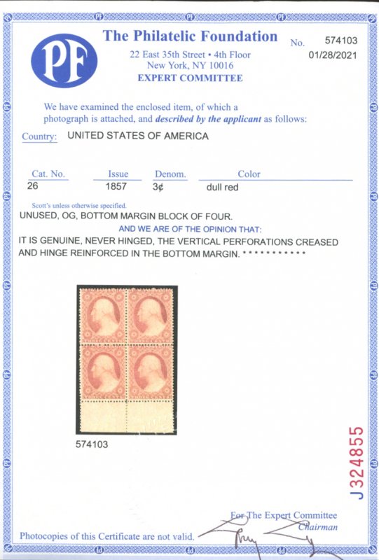 U.S. #26 MINT BLOCK OF 4 WITH PF CERT OG NH