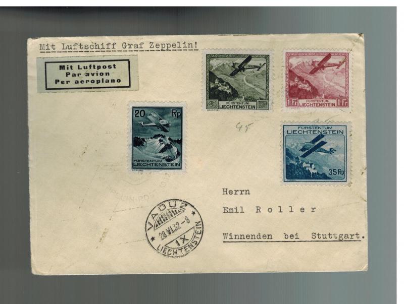 1932 Lichtenstein Graf Zeppelin LZ 127 cover to Germany # C2 C4 C5 C6