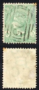 Bahamas SG39ba 1/- green normal paper fine used (tone spot) Cat 30 pounds