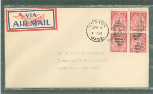 US 682 1930 2c Massachusetts Bay Colony (block of four) on an uncacheted addressed first day cover with a Boston, MA cancel.