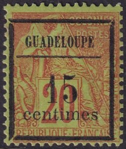 Guadeloupe 1889 Sc 4 MH* longest centimes overprint type thin/heavy hinge 