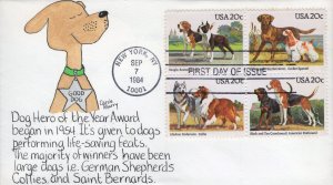 Carole Murry Hand Painted FDC for the 1984 American Dogs Issue - Block of 4