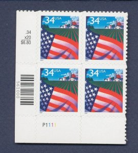 USA - Scott 3470 S/A MNH LL plate block #P111 - flag over farm - 2001