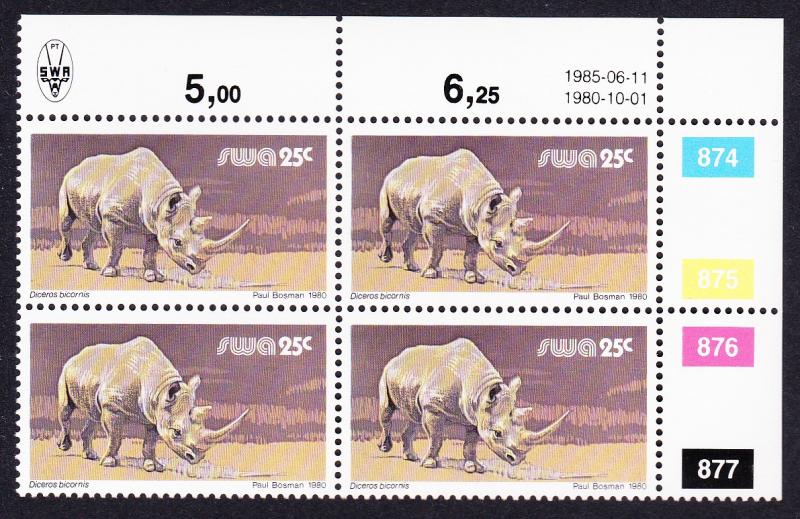 SWA Black Rhinoceros 25c Block of Four with Date and Control Numbers SG#361a