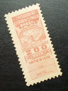 Brazil Brasil Revenue Stamp 200 Reis - S. Paulo State Treasury Interior B1