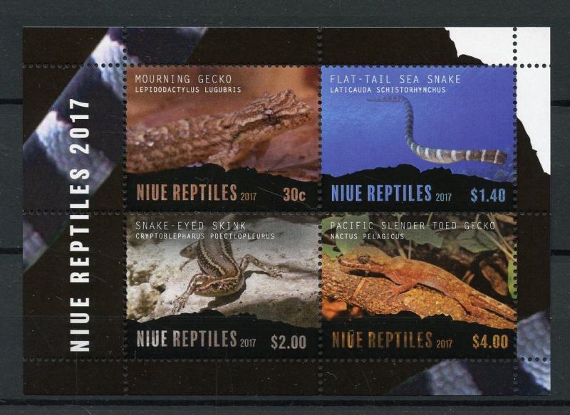 NIUE 2017 MNH Reptiles Geckos Snakes Skinks 4v M/S Lizards Stamps 