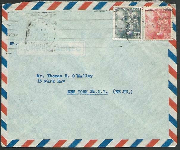 SPAIN 1953 airmail cover to USA : 2 stamps with E perfin...................52782