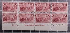 Scott 236 - 8 Cents Columbian OG MH Plate Block Plate # 129 SCV - $1620.00