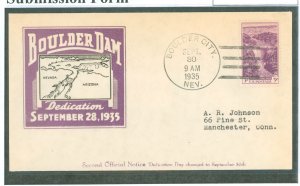 US 774 1935 3c Boulder Dame Dedication single on an addressed FDC with an Ioor Cachet