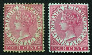 MALAYA Straits Settlements 1882 & 1899 QV 4c Mint CA Varieties SG#51&98 M3871