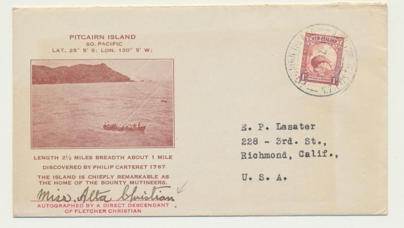 PITCAIRN IS 1937 ILLUSTRATED COVER TO USA, SIGNED ALTA CHRISTIAN (SEE BELOW)