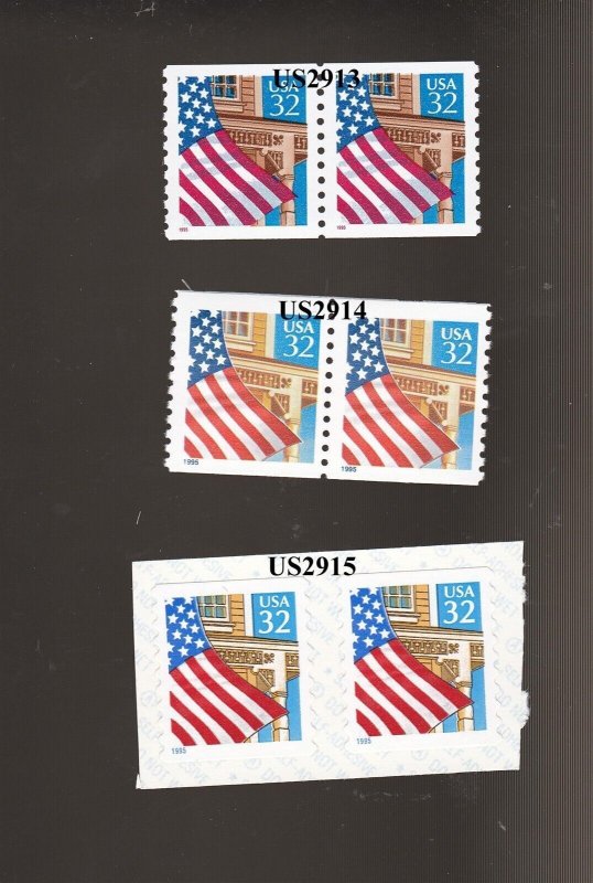 Pairs 32c Flag US 2913, US 2914, US 2915 Lot (3) MNH F-VF