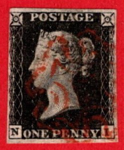 GBR SC #1 U (N,I) 1840 Queen Victoria 3+ (4?) margins w/red w/rpr? MC CV $370.00