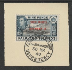 FALKLAND DEPS - SOUTH ORKNEYS  1944  9d on piece with MADAME JOSEPH  POSTMARK