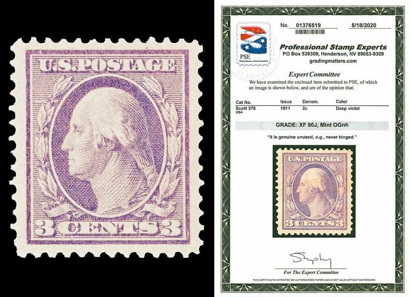 Scott 376 1911 3c Violet Washington Perf 12 Issue Mint Graded XF 90J NH PSE CERT