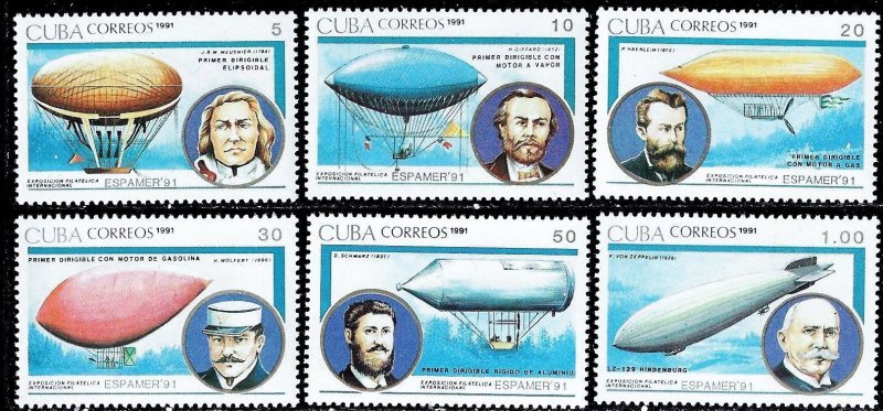 CUBA Sc# 3321-3326  AIRSHIPS blimps zeppelin aviation CPL SET of 6 1991 MNH