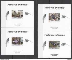 Lx206 Imperf 2008 Sao Tome & Principe Wwf Parrots Birds !!! Uv Cardboard 4Bl Mnh