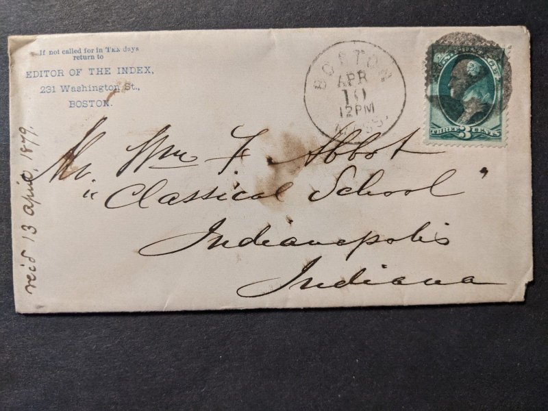 1879 BOSTON, MASS NEGATIVE 12 Postal History Cover EDITOR of the INDEX 