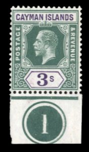 Cayman Islands #42 Cat$22.50++, 1912 3sh green and violet, bottom plate numbe...