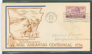 US 782 1936 3c Arkansas Statehood Centennial single on an addressed, pencil, FDC with a Kershner (Color Variety) Cachet