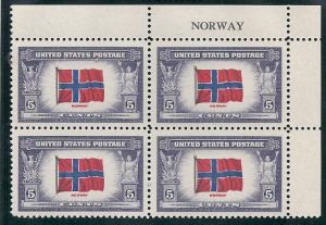 US#911 Overrun Countries-Norway- PB of 4 (MNH) CV $1.30