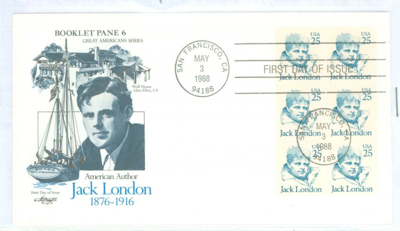 US 2182a 1988 25c Jack London booklet pane of 6 stamps, artmaster cachet