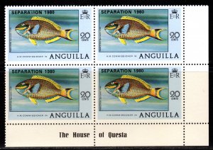 Anguilla 1980 Sc#412 PARROTFISH MARINE LIFE ovpt.SEPARATION Block of 4 MNH