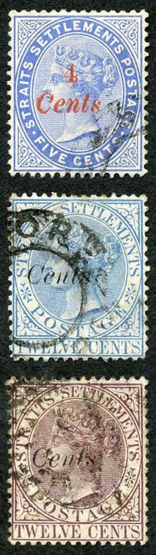 Straits Settlements SG73/5 4c on 5c 8c on 12c blue and 8c on 12c brown-purple