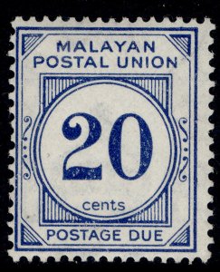 MALAYSIA - Malayan Postal Union GVI SG D13, 20c blue, NH MINT. Cat £15.