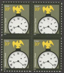 US 3757b Clock 10c block (4 stamps overall tagging) MNH 2003