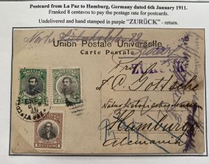 1911 La Paz Bolivia Postcard Cover To Hamburg Germany Returned To Sender
