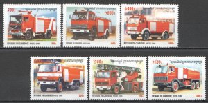 B1292 2000 Cambodia Special Transport Cars Fire Trucks Set Mnh