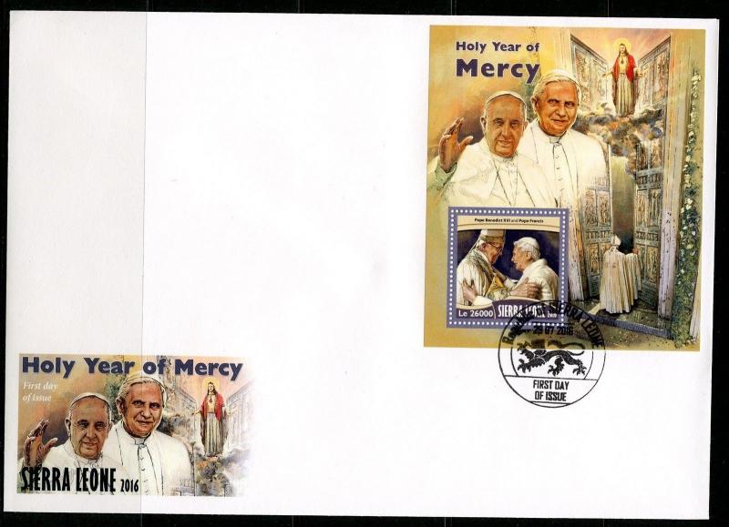 SIERRA LEONE  2016 HOLY YEAR OF MERCY POPES BENEDICT XVI & FRANCIS S/SHEET FDC