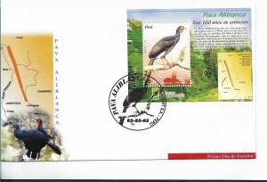 PERU 2005 FDC BIRDS FAUNA WHITE KETTLE PAVA ALIBLANCA SOUVENIR SHEET ON F