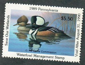 PA7 Pennsylvania #7 MNH State Waterfowl Duck Stamp - 1989 Hooded Merganser