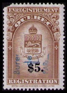 QUEBEC REVENUE TAX RARE 1962 $5 #QR36 USED REGISTRATION STAMP CAT $10. SEE SCAN