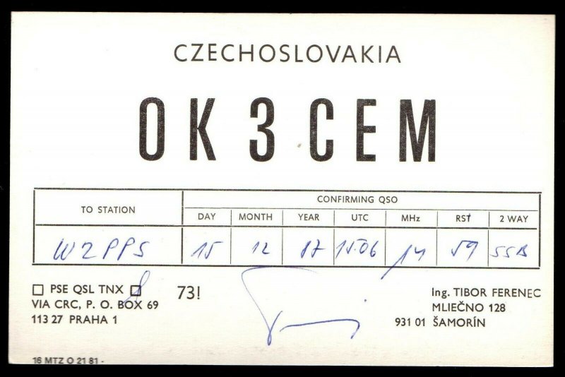 QSL Radio Card Photo of Tibor Ferenec,OK 3 CEM, Czechoslovakia (Q3178)