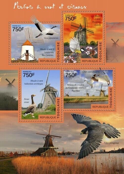 2014 TOGO MNH. WINDMILLS AND BIRDS |  Michel Code: 6171-6174