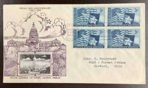 938 Crosby Texas State Capital photo Texas Statehood FDC 1945 w/block of 4