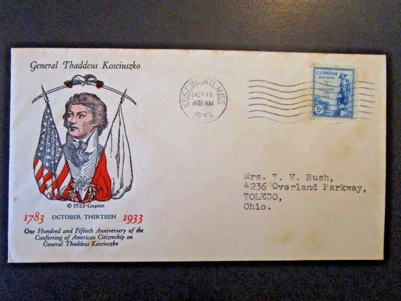 US SC# 734 FDC / Kosciusko CDS / Linpint Cachet / Light Toning - Z5106