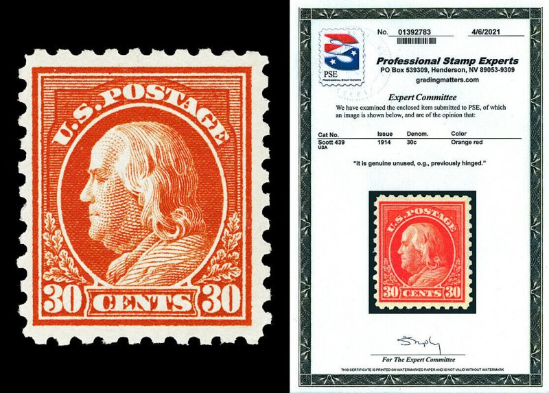 Scott 439 1914 30c Orange Red Franklin Perf 10 Mint F-VF OG XLH with PSE CERT!