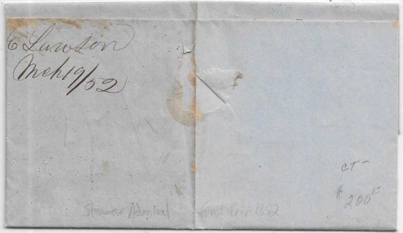 1852 Stampless Folded Letter, Halifax, Nova Scotia to Boston, Ma via ... (57807)