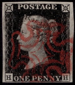 GB QV SG1, 1d intense black PLATE 1b, FINE USED. Cat £525. RED MX HH 