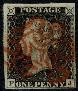 GB 1d Grey black. Plate 1a PJ. Cancelled by red Maltese Cross