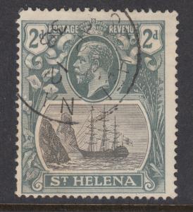 St. Helena SG 100a used 1922 2p Badge of the Colony, Broken Mainmast Plate Flaw